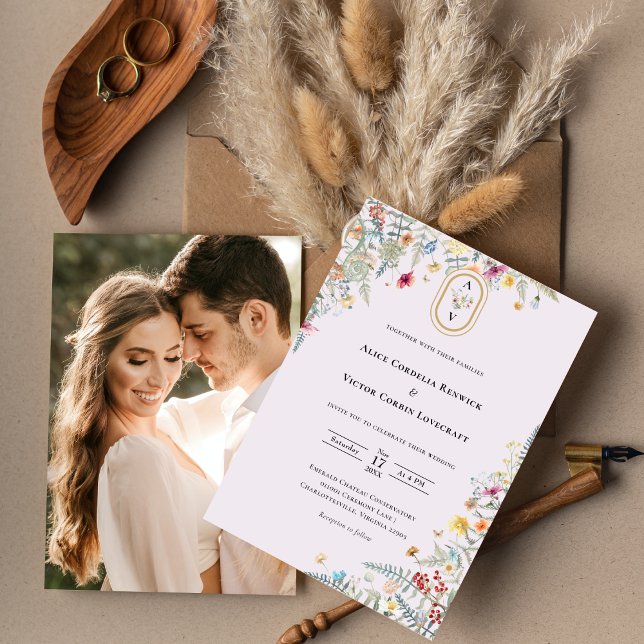 Simple Wildflower Lavender Wedding Monogram Photo Invitation (Creator Uploaded)