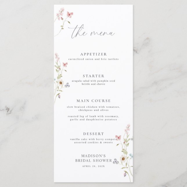 Simple Wildflower Love in Bloom Bridal Shower Menu (Front)