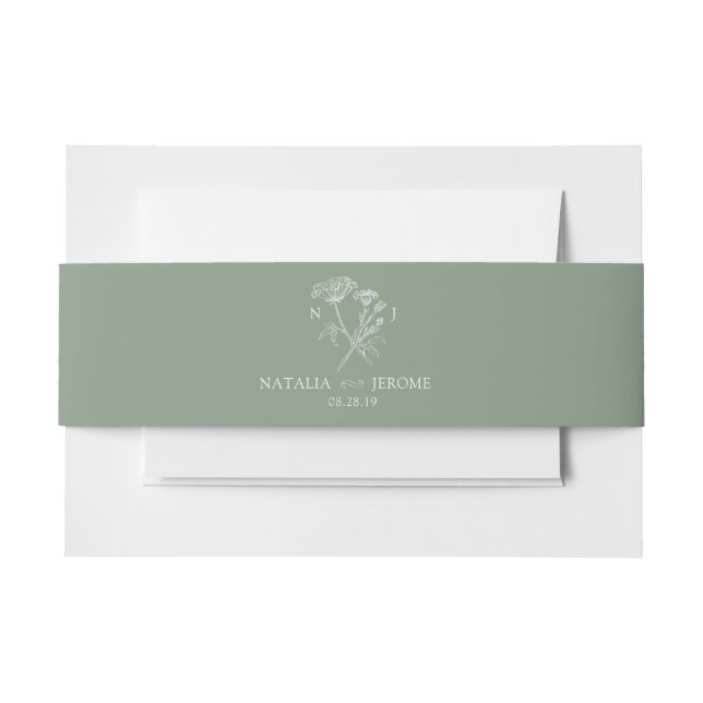 Simple wildflower meadow green white wedding invitation belly band (Front Example)