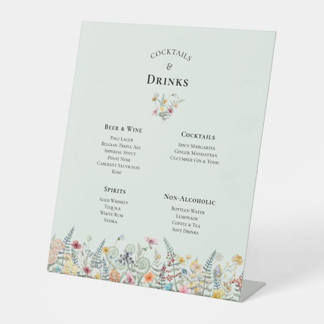 Simple Wildflower Mint Green Wedding Drinks Menu Pedestal Sign (Front)