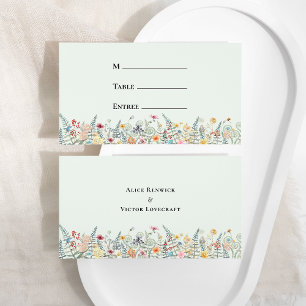 Simple Wildflower Mint Green Wedding Menu Flat Place Card
