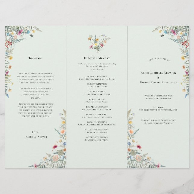 Simple Wildflower Mint Green Wedding Program Flyer (Front)