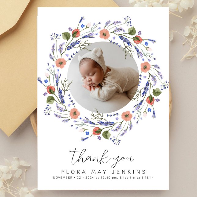 Simple Wildflower Photo Baby Shower Thank You Card (Creator Uploaded)