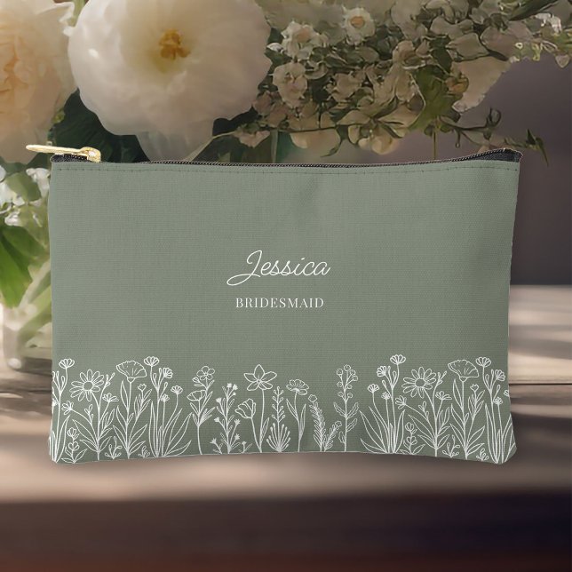 Simple Wildflower Sage Green Wedding Bridesmaid Accessory Pouch (Bridal Party cosmetic bag .. personalize for bridesmaids and change to any color)