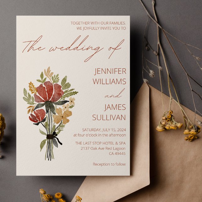 Simple Wildflower Terracotta | Beige Wedding  Invitation (Creator Uploaded)