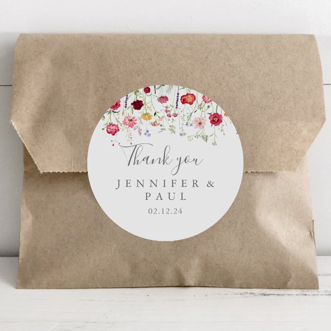 Simple Wildflower Thank You Wedding Favour Classic Round Sticker (Creator Uploaded)