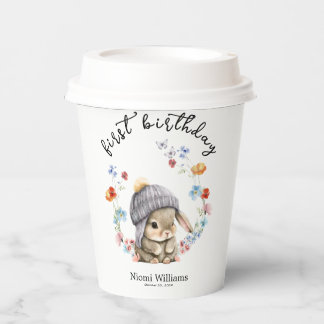 Simple Wildflower Woodland Bunny 1st Birthday Paper Cups
