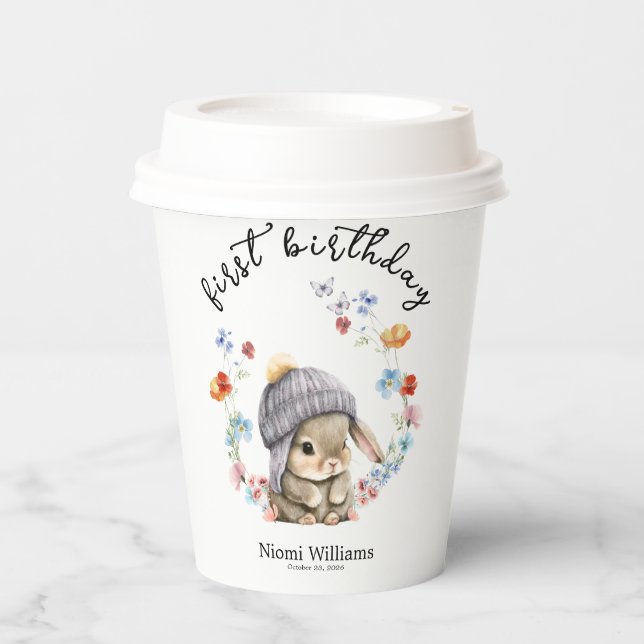 Simple Wildflower Woodland Bunny 1st Birthday  Paper Cups (Front)