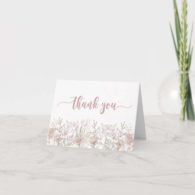 Simple Wildflowers Boho Wedding Photo Thank You Card (Front)