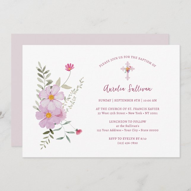 Simple Wildflowers Bouquet Baptism Invitation (Front/Back)