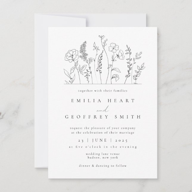 Simple Wildflowers Garden Lineart Wedding Invitation (Front)
