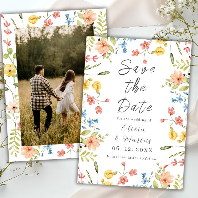 Simple Wildflowers Modern Photo White Save The Date (Creator Uploaded)