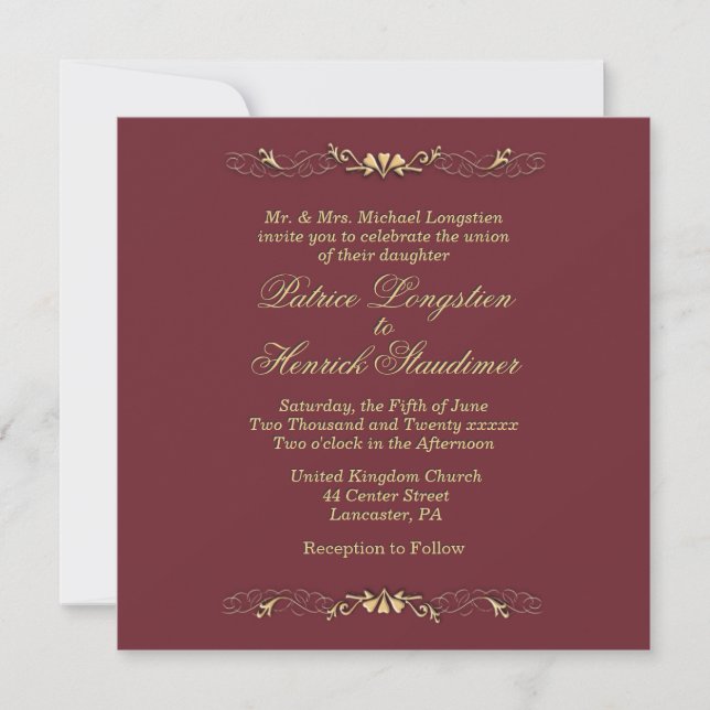 Simple Wine and Gold Wedding Invitation (Front)