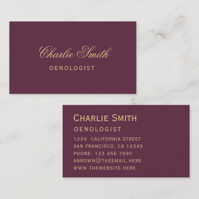 Simple Wine Colour Golden Elegant Script Business  Card (Front/Back)