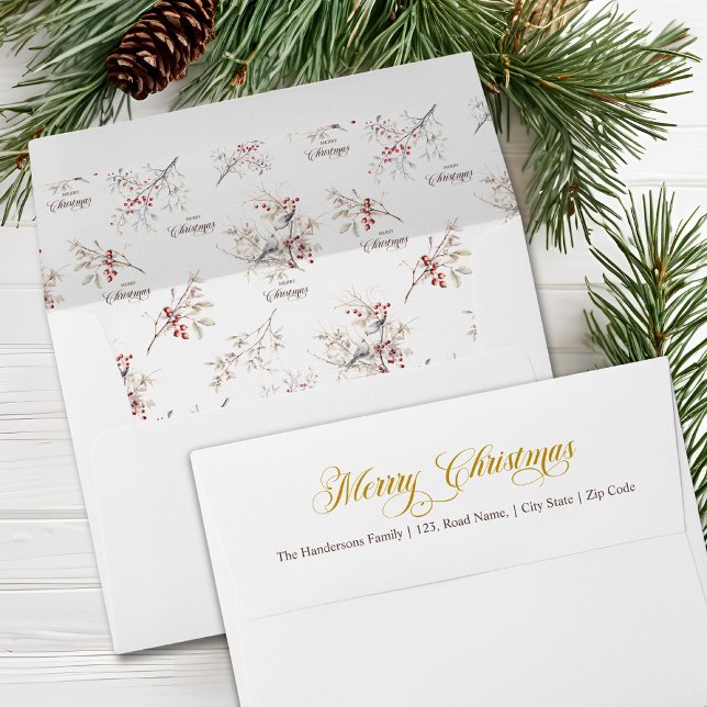 Simple Winter Birds Merry Christmas Gold Script  Envelope (Creator Uploaded)