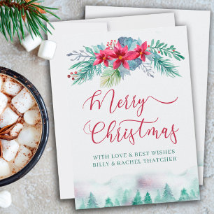 Simple Winter Forest and Poinsettia Watercolor Holiday Card