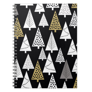 Simple winter pattern. Black background. Gold, sil Notebook