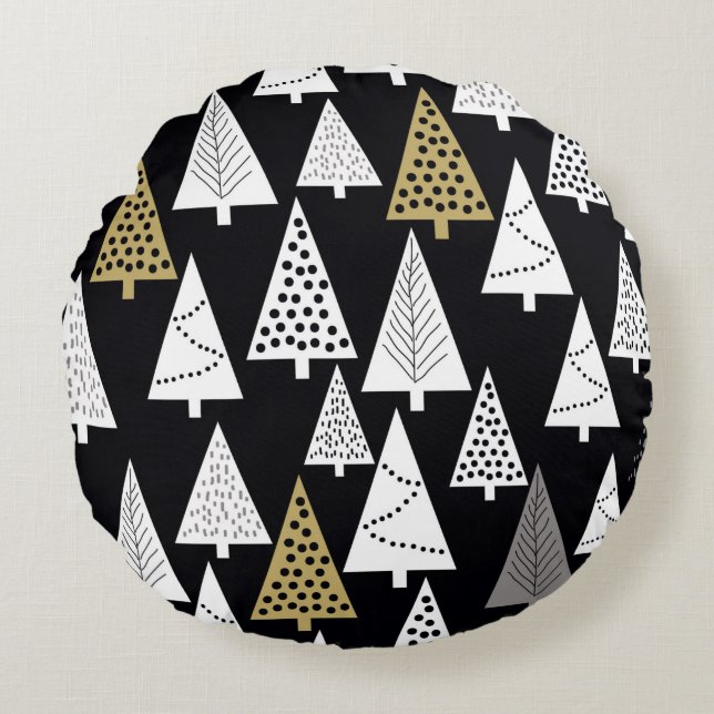 Simple winter pattern. Black background. Gold, sil Round Cushion (Front)
