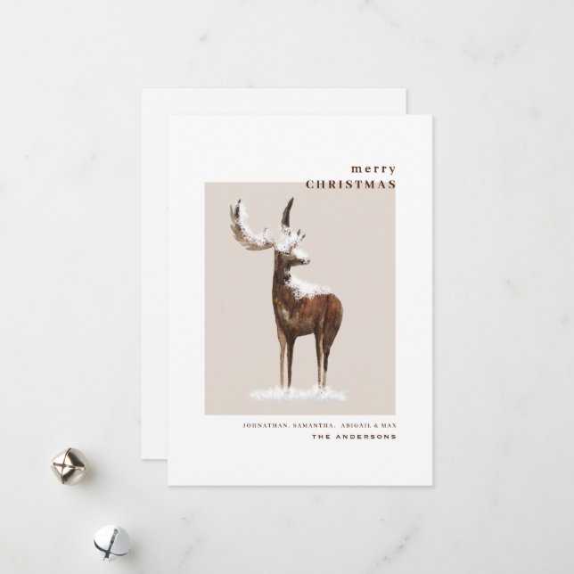 Simple Winter Watercolor Woodland Deer Christmas  Holiday Card (Front/Back In Situ)