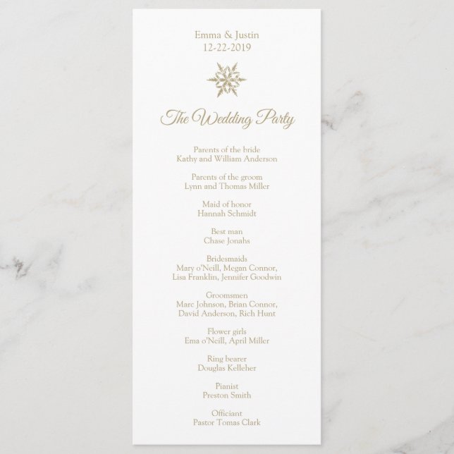 Simple Winter Wedding Gold Snowflake Christmas Program (Front)