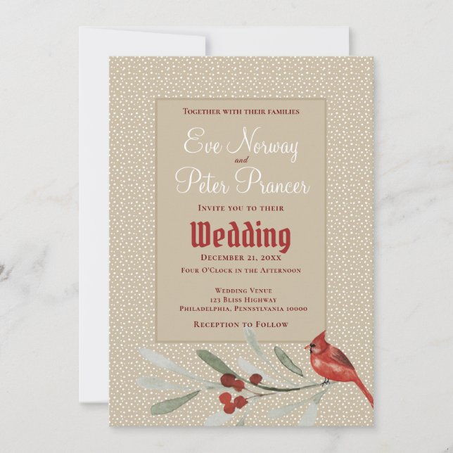 Simple Winter with Cardinal and Greens Wedding Announcement (Front)