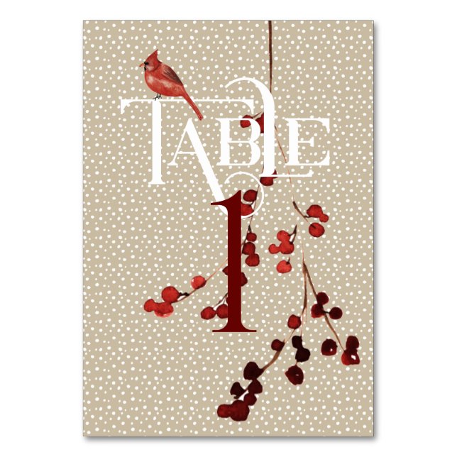 Simple Winter with Cardinal Christmas  Wedding Table Number (Front)