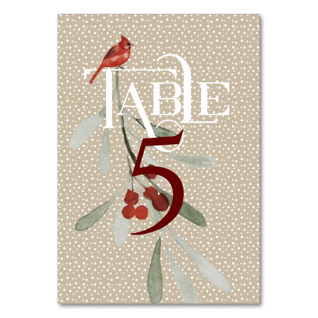 Simple Winter with Cardinal Wedding Reception Table Number (Front)