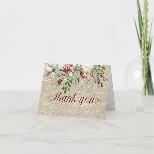 Simple Winter  with Christmas Greens Wedding Thank You Card (Front)
