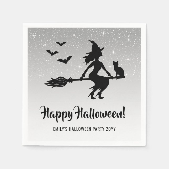 Simple Witch On A Broom Black And White Halloween Napkin (Front)