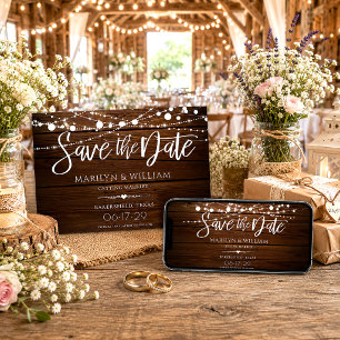 Simple Wood and String Lights Rustic Wedding Save The Date
