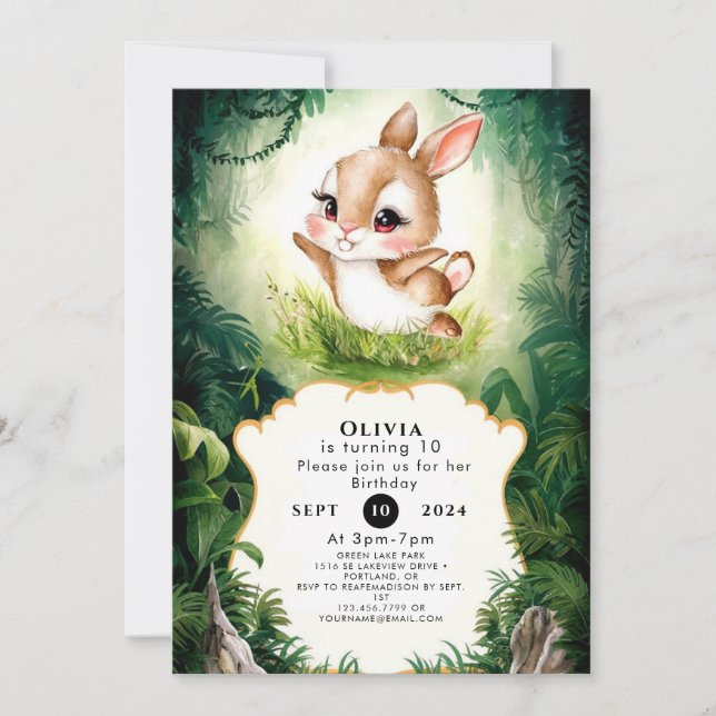 Simple Woodland Bunny Birthday Invitation (Front)