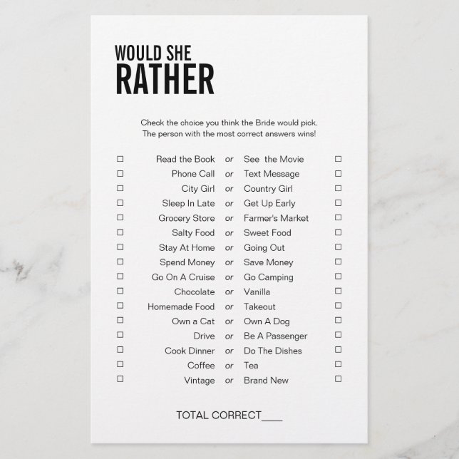 Simple Would She Rather Bridal Shower Game (Front)