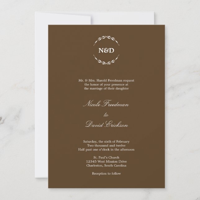 Simple wreath initial monogram brown wedding invitation (Front)