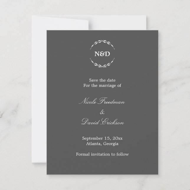 Simple wreath monogram grey wedding announcement (Front)