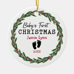 Simple Wreath Red Green Baby's First Christmas Ceramic Ornament