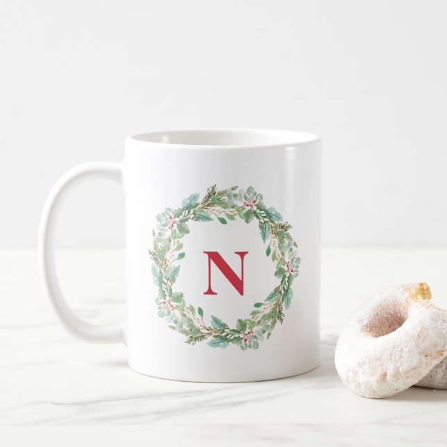 Simple Wreath Red Monogram Modern Christmas Coffee Mug (With Donut)