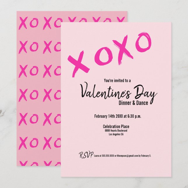 Simple XOXO pink Valentines Dinner Dance Party Invitation (Front/Back)
