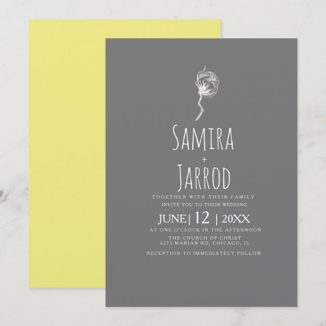Simple Yellow and Grey Botanical Wedding Invitation (Front/Back)
