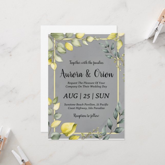 simple yellow and grey wedding invitations (Front/Back In Situ)