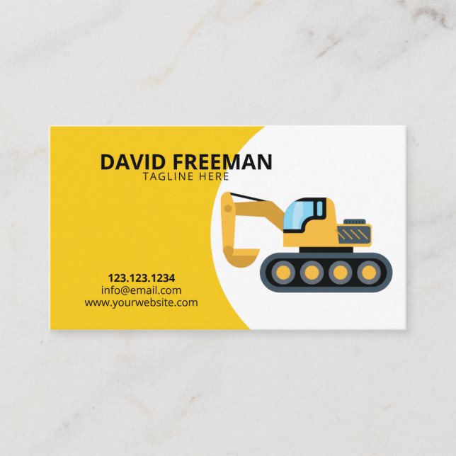 Simple Yellow and White Excavator Construction Business Card (Front)