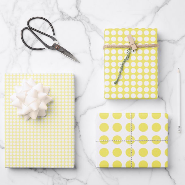 Simple Yellow and White Polka Dots Pattern Wrapping Paper Sheet (Front)