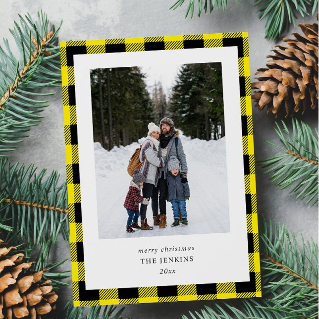 Simple Yellow Black Plaid  2 Photos Christmas Holiday Card (Creator Uploaded)