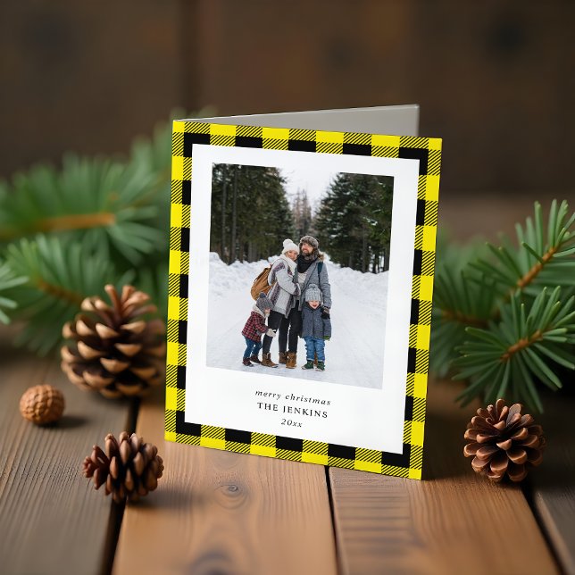 Simple Yellow Black Plaid Border 3 Photo Christmas Holiday Card (Creator Uploaded)