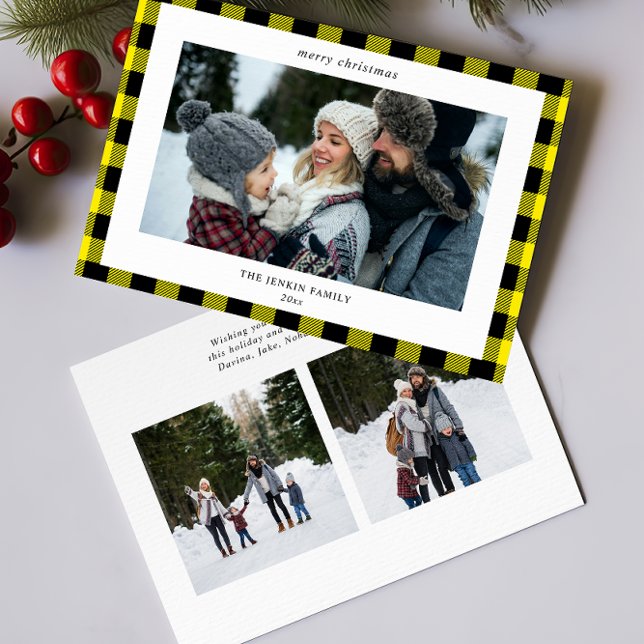 Simple Yellow Black Plaid Border 3 Photo Christmas Holiday Card (Creator Uploaded)