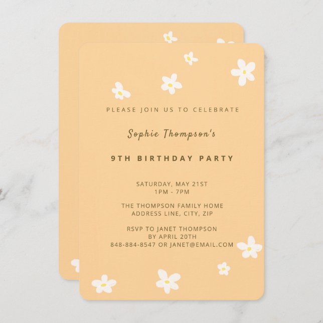 Simple Yellow Cute Daisies Girl Birthday Party Invitation (Front/Back)
