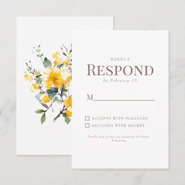 Simple Yellow Floral Gold Text White Wedding RSVP (Front/Back)