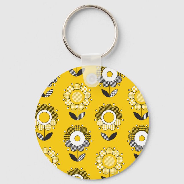 Simple Yellow Folk Floral Pattern Key Ring (Front)