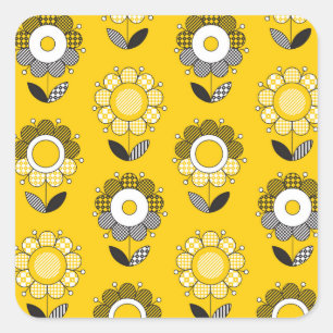 Simple Yellow Folk Floral Pattern Square Sticker