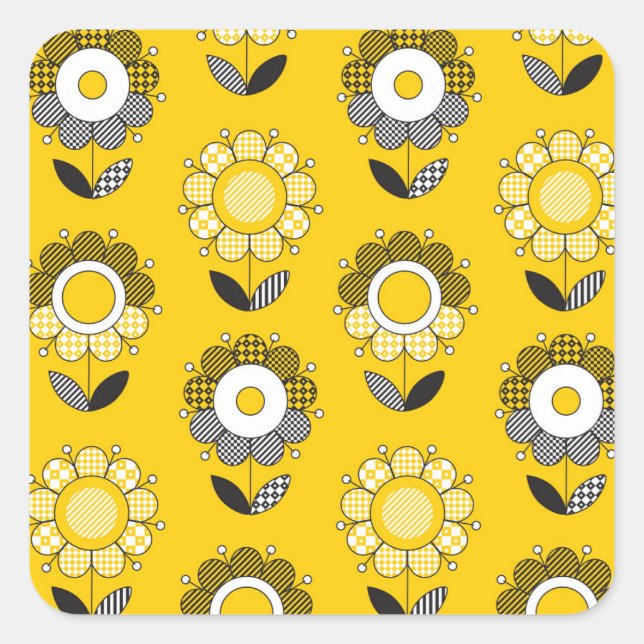 Simple Yellow Folk Floral Pattern Square Sticker (Front)