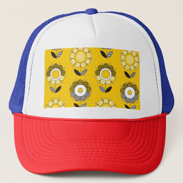 Simple Yellow Folk Floral Pattern Trucker Hat (Front)